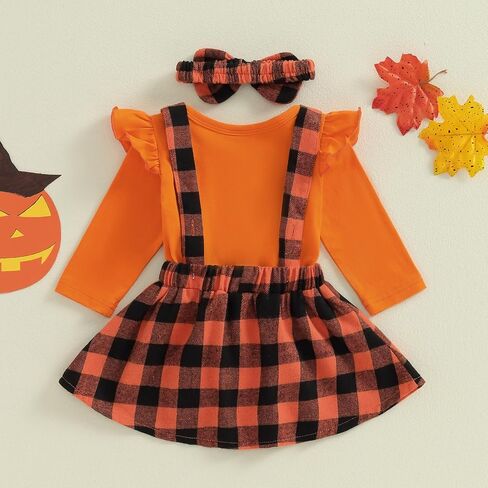 Baby Girl Halloween Outfit Ruffle Long Sleeve Ribbed Romper Ghost/Pumpkin/Witch Print Suspender Skirt Sets 0 3 6 12 18 Months in Saudi Arabia