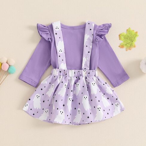 Baby Girl Halloween Outfit Ruffle Long Sleeve Ribbed Romper Ghost/Pumpkin/Witch Print Suspender Skirt Sets 0 3 6 12 18 Months in Saudi Arabia