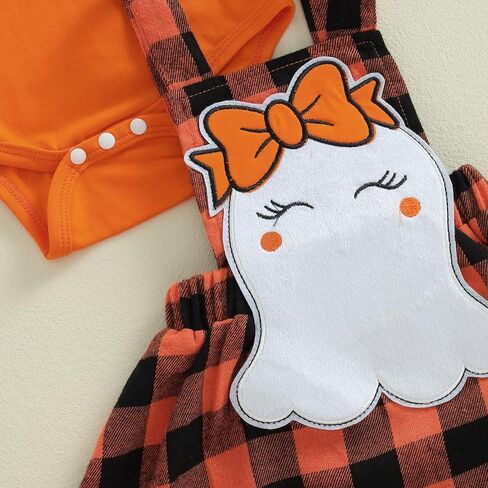 Baby Girl Halloween Outfit Ruffle Long Sleeve Ribbed Romper Ghost/Pumpkin/Witch Print Suspender Skirt Sets 0 3 6 12 18 Months in Saudi Arabia