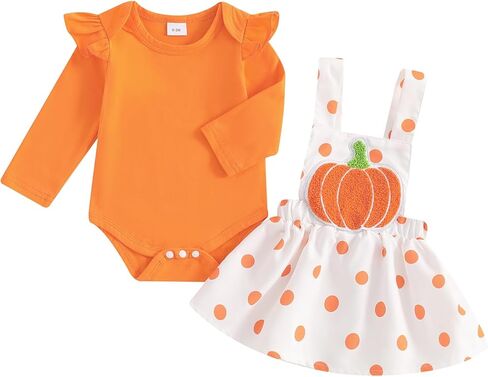 Baby Girl Halloween Outfit Ruffle Long Sleeve Ribbed Romper Ghost/Pumpkin/Witch Print Suspender Skirt Sets 0 3 6 12 18 Months in Kuwait