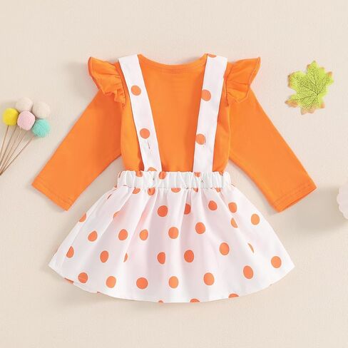 Baby Girl Halloween Outfit Ruffle Long Sleeve Ribbed Romper Ghost/Pumpkin/Witch Print Suspender Skirt Sets 0 3 6 12 18 Months in Kuwait