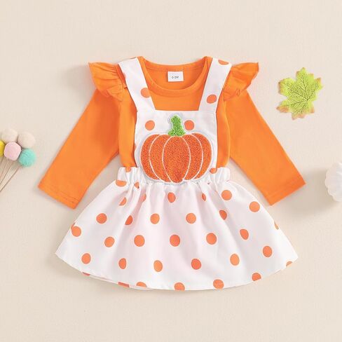 Baby Girl Halloween Outfit Ruffle Long Sleeve Ribbed Romper Ghost/Pumpkin/Witch Print Suspender Skirt Sets 0 3 6 12 18 Months in Kuwait