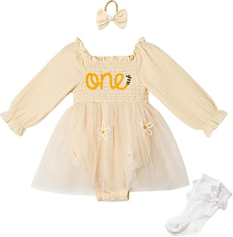 Miipat Baby Girl 1st Birthday Outfit Long Sleeve Tulle Romper Dress Cake Smash Clothes with Headband Socks in Kuwait