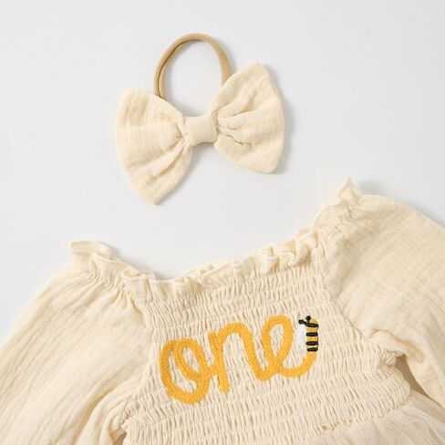Miipat Baby Girl 1st Birthday Outfit Long Sleeve Tulle Romper Dress Cake Smash Clothes with Headband Socks in Kuwait