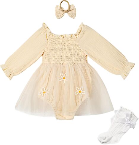 Miipat Baby Girl 1st Birthday Outfit Long Sleeve Tulle Romper Dress Cake Smash Clothes with Headband Socks in Kuwait