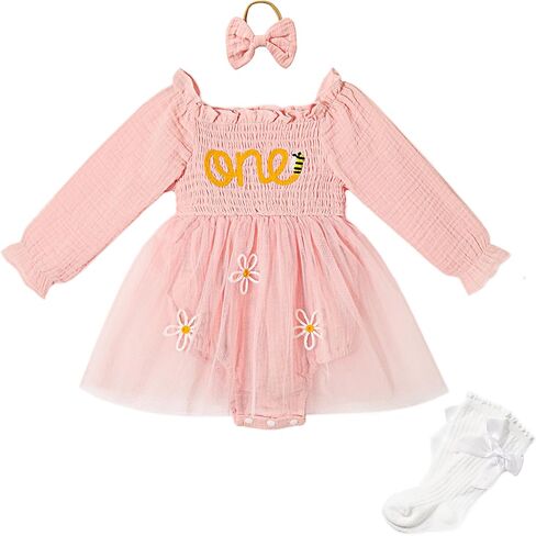Miipat Baby Girl 1st Birthday Outfit Long Sleeve Tulle Romper Dress Cake Smash Clothes with Headband Socks in Kuwait