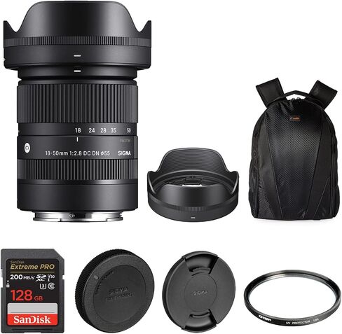 Sigma 18-50mm F2.8 DC DN Contemporary Lens for Sony E-Mount with Tiffen 55mm UV Protector Filter, SanDisk 128GB Extreme PRO UHS-I SDXC Memory Card and Waith Camera Backpack (Bundle Set) in Saudi Arabia