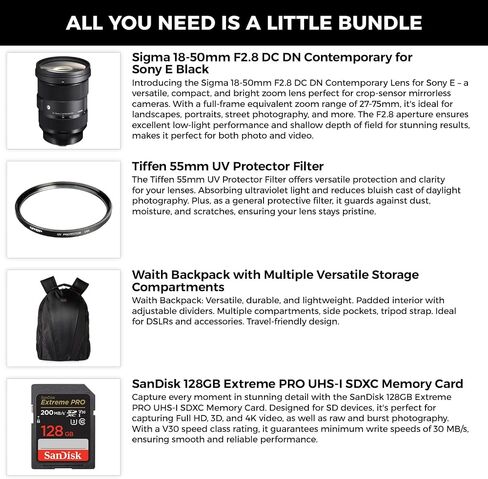 Sigma 18-50mm F2.8 DC DN Contemporary Lens for Sony E-Mount with Tiffen 55mm UV Protector Filter, SanDisk 128GB Extreme PRO UHS-I SDXC Memory Card and Waith Camera Backpack (Bundle Set) in Saudi Arabia