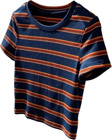 SweatyRocks Girl's Striped Color Block Tee Shirt Short Sleeve Round Neck Ribbed Knit Tee Tops in Saudi Arabia