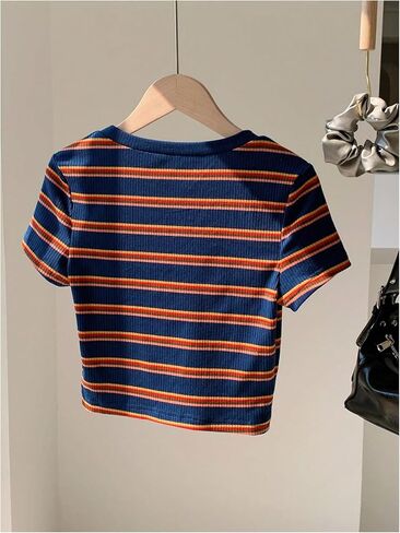 SweatyRocks Girl's Striped Color Block Tee Shirt Short Sleeve Round Neck Ribbed Knit Tee Tops in Saudi Arabia