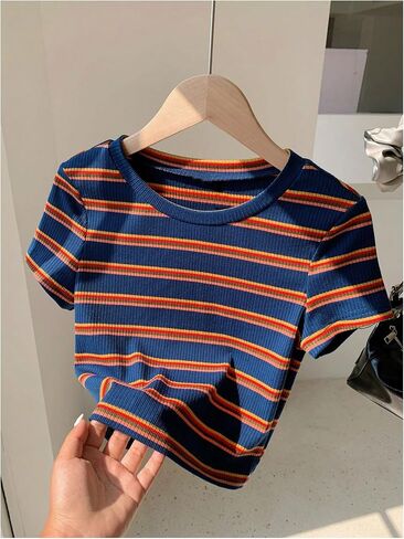 SweatyRocks Girl's Striped Color Block Tee Shirt Short Sleeve Round Neck Ribbed Knit Tee Tops in Saudi Arabia