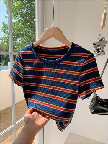 SweatyRocks Girl's Striped Color Block Tee Shirt Short Sleeve Round Neck Ribbed Knit Tee Tops in Saudi Arabia