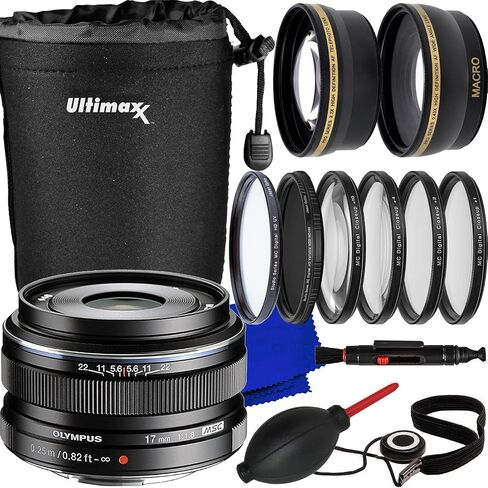 عدسة Olympus M.Zuiko الرقمية مقاس 17 مم f/1.8 (أسود) + مرشح كثافة محايدة متغيرة (ND2-ND400)، حقيبة عدسة مقاومة للماء، ملحق عدسة واسعة الزاوية 0.43x مع ماكرو قابل للفصل والمزيد (حزمة مكونة من 16 قطعة) in Saudi Arabia