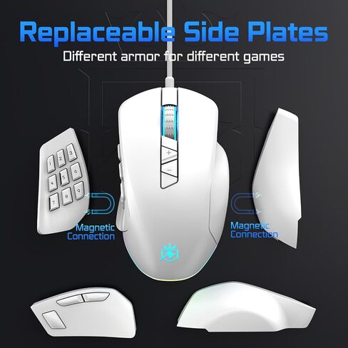 Wired Gaming Mouse with Side Plates, MMO Mouse with 14 Programmable Buttons, Ergonomic Gaming Mouse with 2 Grip Plates, Computer Mouse with Max 12,400 DPI, RGB Lighting, White in Saudi Arabia