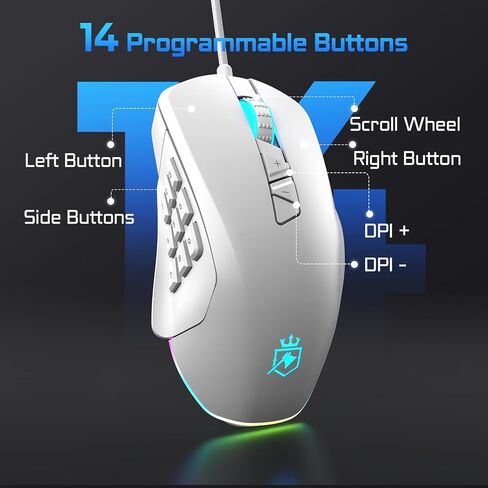 Wired Gaming Mouse with Side Plates, MMO Mouse with 14 Programmable Buttons, Ergonomic Gaming Mouse with 2 Grip Plates, Computer Mouse with Max 12,400 DPI, RGB Lighting, White in Saudi Arabia