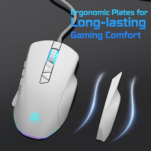 Wired Gaming Mouse with Side Plates, MMO Mouse with 14 Programmable Buttons, Ergonomic Gaming Mouse with 2 Grip Plates, Computer Mouse with Max 12,400 DPI, RGB Lighting, White in Saudi Arabia