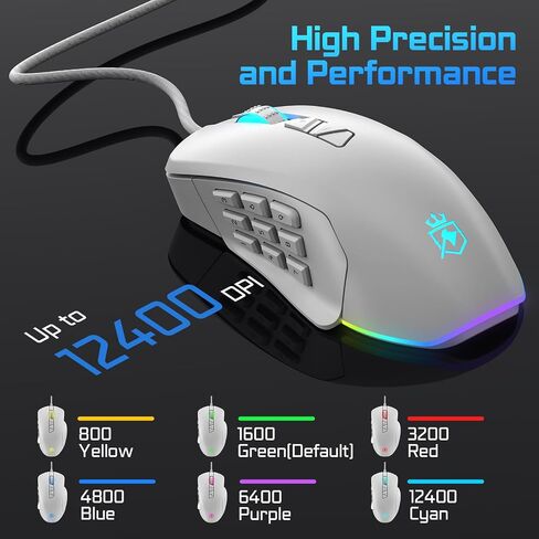 Wired Gaming Mouse with Side Plates, MMO Mouse with 14 Programmable Buttons, Ergonomic Gaming Mouse with 2 Grip Plates, Computer Mouse with Max 12,400 DPI, RGB Lighting, White in Saudi Arabia