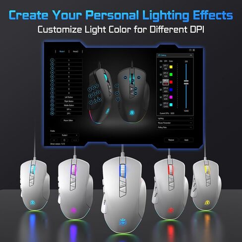 Wired Gaming Mouse with Side Plates, MMO Mouse with 14 Programmable Buttons, Ergonomic Gaming Mouse with 2 Grip Plates, Computer Mouse with Max 12,400 DPI, RGB Lighting, White in Saudi Arabia