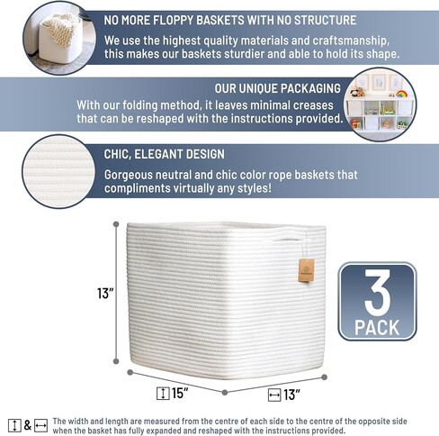 NaturalCozy 13x15x13 Kallax Storage Cubes Bins, 3 Pack | Cotton Rope Cube Storage Bin Woven Baskets for Organizing | Kallax Insert Storage Baskets for Shelves Organizer, Kids Toy, Closet Baby Nursery in Saudi Arabia