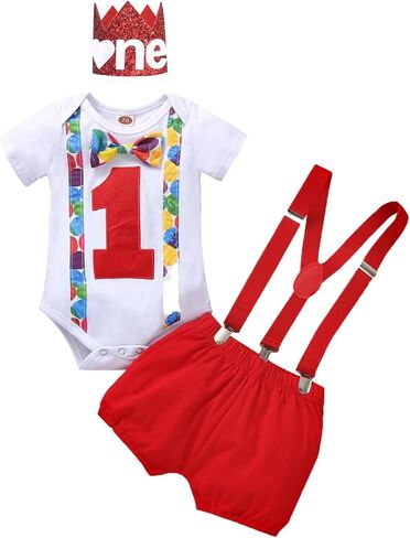 Baby Boy 1st Birthday Outfits Short Sleeve Bow Tie Romper Pants Set Suspender with Hat One Year Old Clothes in Saudi Arabia