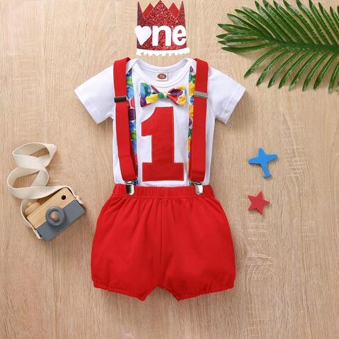 Baby Boy 1st Birthday Outfits Short Sleeve Bow Tie Romper Pants Set Suspender with Hat One Year Old Clothes in Saudi Arabia