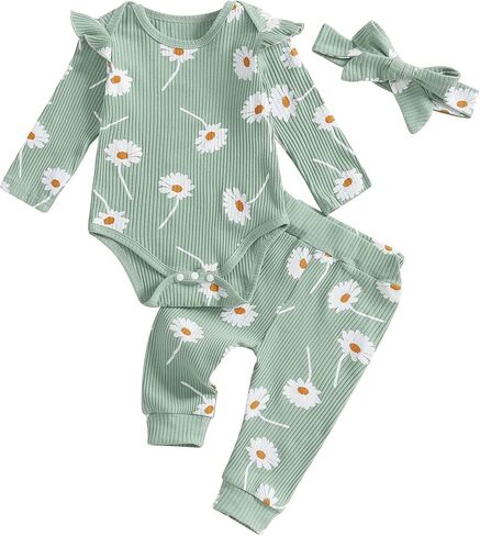 TheFound Toddler Baby Girl Outfits Cute Daisy Print Ruffled Shoulder Ribbed Romper Long Pant Fall Winter Newborn Baby Clothes in Saudi Arabia