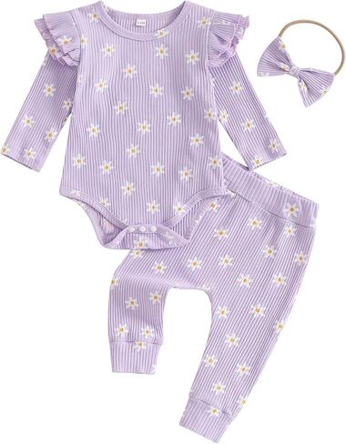 TheFound Toddler Baby Girl Outfits Cute Daisy Print Ruffled Shoulder Ribbed Romper Long Pant Fall Winter Newborn Baby Clothes in Saudi Arabia