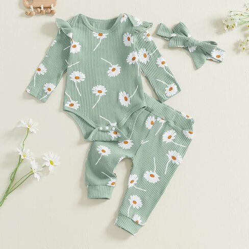 TheFound Toddler Baby Girl Outfits Cute Daisy Print Ruffled Shoulder Ribbed Romper Long Pant Fall Winter Newborn Baby Clothes in Saudi Arabia
