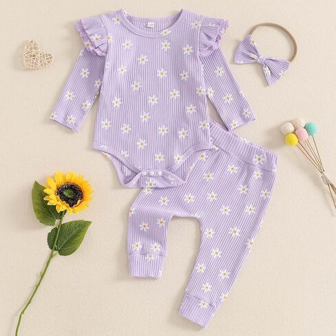 TheFound Toddler Baby Girl Outfits Cute Daisy Print Ruffled Shoulder Ribbed Romper Long Pant Fall Winter Newborn Baby Clothes in Saudi Arabia