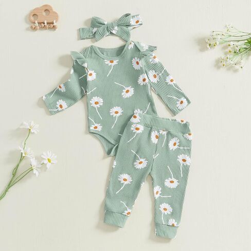 TheFound Toddler Baby Girl Outfits Cute Daisy Print Ruffled Shoulder Ribbed Romper Long Pant Fall Winter Newborn Baby Clothes in Saudi Arabia