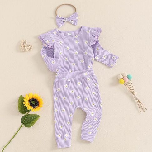 TheFound Toddler Baby Girl Outfits Cute Daisy Print Ruffled Shoulder Ribbed Romper Long Pant Fall Winter Newborn Baby Clothes in Saudi Arabia