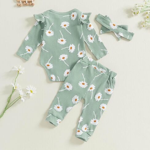 TheFound Toddler Baby Girl Outfits Cute Daisy Print Ruffled Shoulder Ribbed Romper Long Pant Fall Winter Newborn Baby Clothes in Saudi Arabia