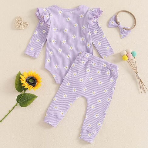 TheFound Toddler Baby Girl Outfits Cute Daisy Print Ruffled Shoulder Ribbed Romper Long Pant Fall Winter Newborn Baby Clothes in Saudi Arabia