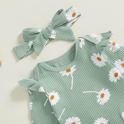 TheFound Toddler Baby Girl Outfits Cute Daisy Print Ruffled Shoulder Ribbed Romper Long Pant Fall Winter Newborn Baby Clothes in Saudi Arabia