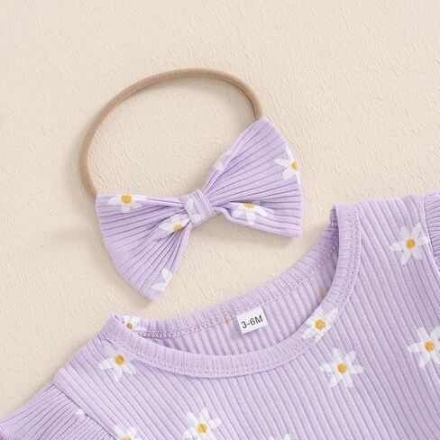 TheFound Toddler Baby Girl Outfits Cute Daisy Print Ruffled Shoulder Ribbed Romper Long Pant Fall Winter Newborn Baby Clothes in Saudi Arabia