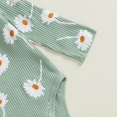TheFound Toddler Baby Girl Outfits Cute Daisy Print Ruffled Shoulder Ribbed Romper Long Pant Fall Winter Newborn Baby Clothes in Saudi Arabia