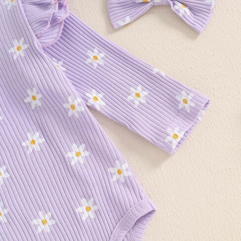 TheFound Toddler Baby Girl Outfits Cute Daisy Print Ruffled Shoulder Ribbed Romper Long Pant Fall Winter Newborn Baby Clothes in Saudi Arabia