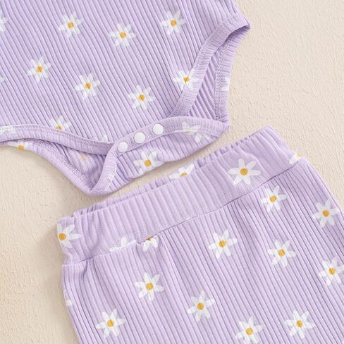 TheFound Toddler Baby Girl Outfits Cute Daisy Print Ruffled Shoulder Ribbed Romper Long Pant Fall Winter Newborn Baby Clothes in Saudi Arabia