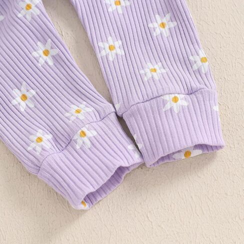 TheFound Toddler Baby Girl Outfits Cute Daisy Print Ruffled Shoulder Ribbed Romper Long Pant Fall Winter Newborn Baby Clothes in Saudi Arabia