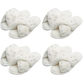 4 Pairs Womens Fuzzy Slippers Bulk Handmade Pearl Embellished Soft Plush Furry Slippers House Slippers Open Toe Slippers for Birthday Bridal and Bachelorette Party Gifts