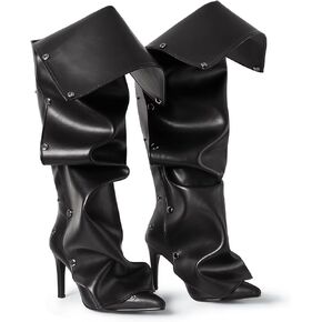 Denim Knee High Boots Black Stiletto Heel Pointed Toe with Detachable Silver Buckle and Floral Embellishments Zipper Casual Boot for Women
