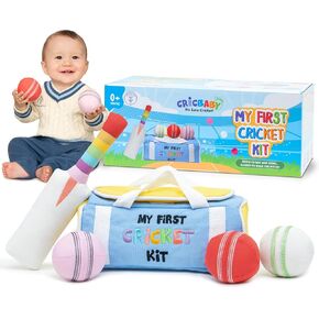 My First Cricket Kit | Organic Cotton Baby Gift | Infant Toys 0-12 Months | Plush Sports Bag Toy | 3 Sensory Balls—Rattle, Crinkle, Squeaker & Rainbow Rattle Bat | Safe, Fun, Educational