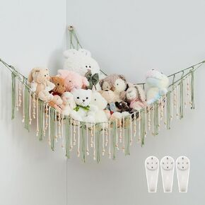 Stuffed Animal Storage Hammock with Wooden Beads Corner Hanging Net Boho Tassel Toy Plush Storage for Kid Room Nursery Decor Corner Wall Display Hanging Organizer for Girls Boy Gift(Avocado Green)