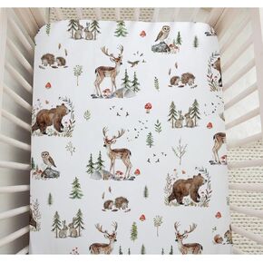 Woodland Animals Baby Crib Sheets Unisex Bear Deer Hedgehog Owl Squirrel Rabbit Standard Crib Toddler Mattress Sheets for Boys Girls Neutral Fitted Crib Sheet Bed Sheet Stretchy Sheet Set 28''×52''
