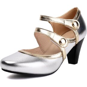 Elerhythm Women's Mary Jane Double Straps 1920s Pump Heels 1950s Vintage Round Closed Toe 1940s Ankle Strap Dress Retro Shoes