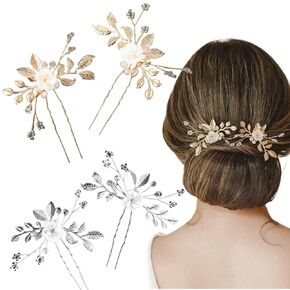 4 PCS Bride Crystal Gold Hair Pins Bride Wedding Rhinestone Hair Accessories Vintage Pearl Flower Hair Accessories for Bride Bridesmaid Women and Girls(Silver Gold, Elegant Style)