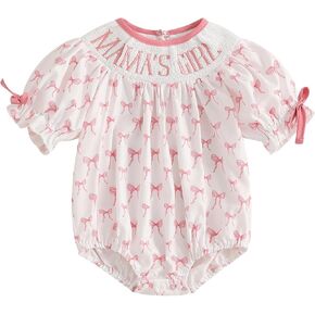 Newborn Baby Girl Romper Mamas Mini Bow Plaid Print Puff Sleeve Smocked Bubble Romper Jumpsuit Bodysuit Clothes in Kuwait