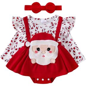 Madjtlqy Toddler Baby Girl Christmas Outfit Romper Dress Ruffled Long Sleeve Jumpsuit + Bow Headband