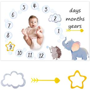 CSFOTO Baby Elephant Hedgehog Baby Monthly Milestone Blanket Newborn Growth Record Prop First Year Growth Mat Baby Shower Photography Props 60"x40" with Frames