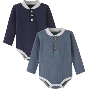 Baby Girls Boys Long Sleeve Bodysuits, Organic Cotton Waffle Gender Neutral Romper 2 Packs(0-24 Months)